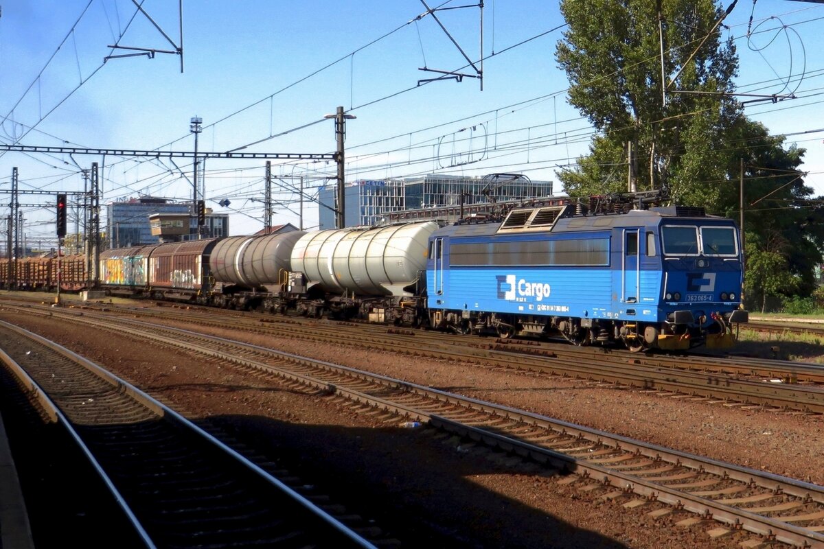 Mischguterzug mit 363 065 verlässt am 20 September 2020 Praha-Liben.