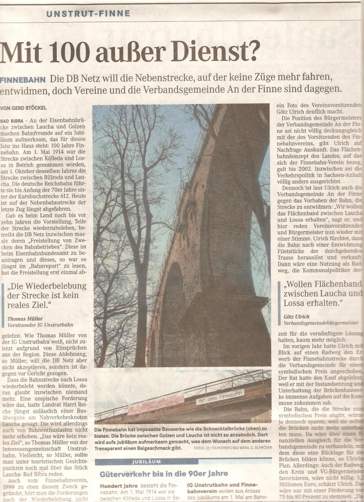  Mit 100 au�er Dienst?  Artikel zum 100. Geburtstag der Finnebahn, erschienen am 24.01.2014 in der Mitteldeutschen Zeitung.