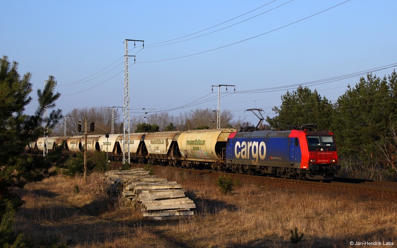 Mit einem Cerealienzug fuhr 482 030-4 am sonnigen Nachmittag des 27.2.15 durch die Berliner Wuhlheide.