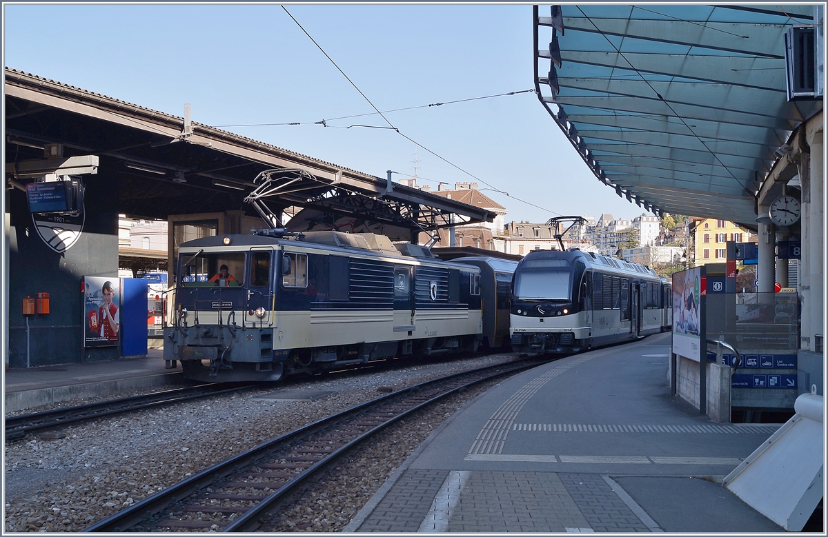 MOB GDe 4/4 6004  Interlaken  und Be 4/4 9204 in Montreux. 

10. April 2020