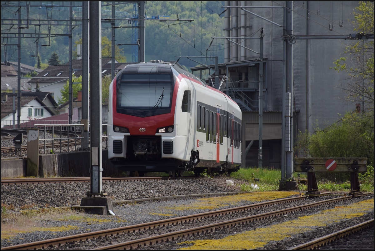 Mouette versteckt in Frick. 

Der nigelnagelneue RABe 523 503 ist auf einem Gleisanschluss in Frick geparkt. April 2022.