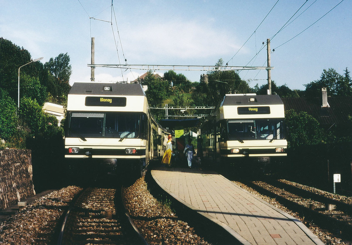 MVR/CEV: Trotz modernen Triebzügen, bereits historische Aufnahmen, entstanden 1999 oberhalb Vevey.
Foto: Walter Ruetsch