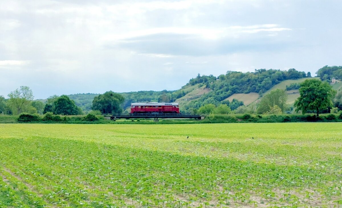Nach dem die EBS V200 507 am 16.05.2025 40 D�ngerwagen aus Eckartsberga nach Naumburg (S) Hbf gebracht hat, fuhr sie danach allein nach Karsdorf und ist hier auf der Unstrutbahn bei Ro�bach unterwegs. (Foto: Andre Marek)