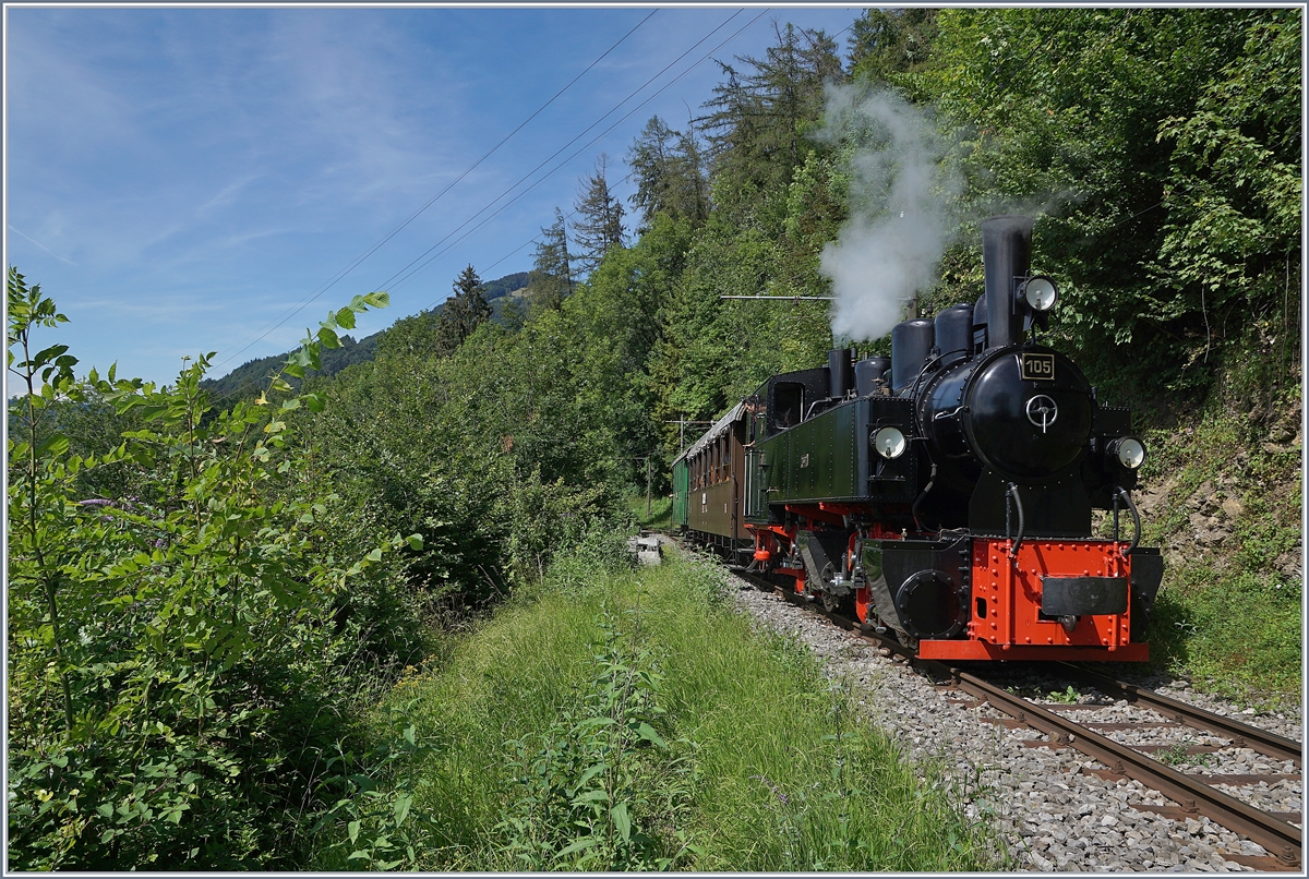 Nachdem die Blonay Chamby Bahn G 2x 2/2 105 ihren Zug von Blonay nach Chamby gezogen hat, schieb sie ihn nun zurück nach Chaulin. 

25. Juli 2020