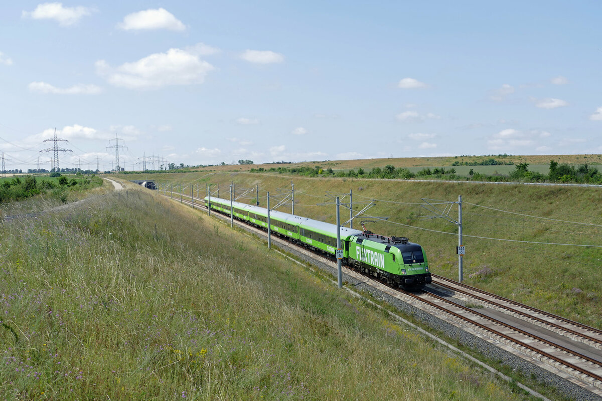 NeS 182 521 mit dem FLX 32612 von Stuttgart Hbf nach Berlin Hbf (tief), am 18.07.2021 hinter dem Bibratunnel bei Karsdorf. (Foto: Wolfgang Krolop)
