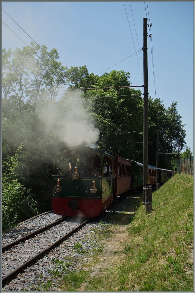 Obwohl auf Talfahrt und das Dampftram G2/2 N° 4  Rimini  (1900) nur nachschiebt, verbreitet die G 2/2 doch mächtig viel  Rauch.
(Blonay - Chamby Pingstfestival)
Bei Chantemerle, den 9. Juni 2014