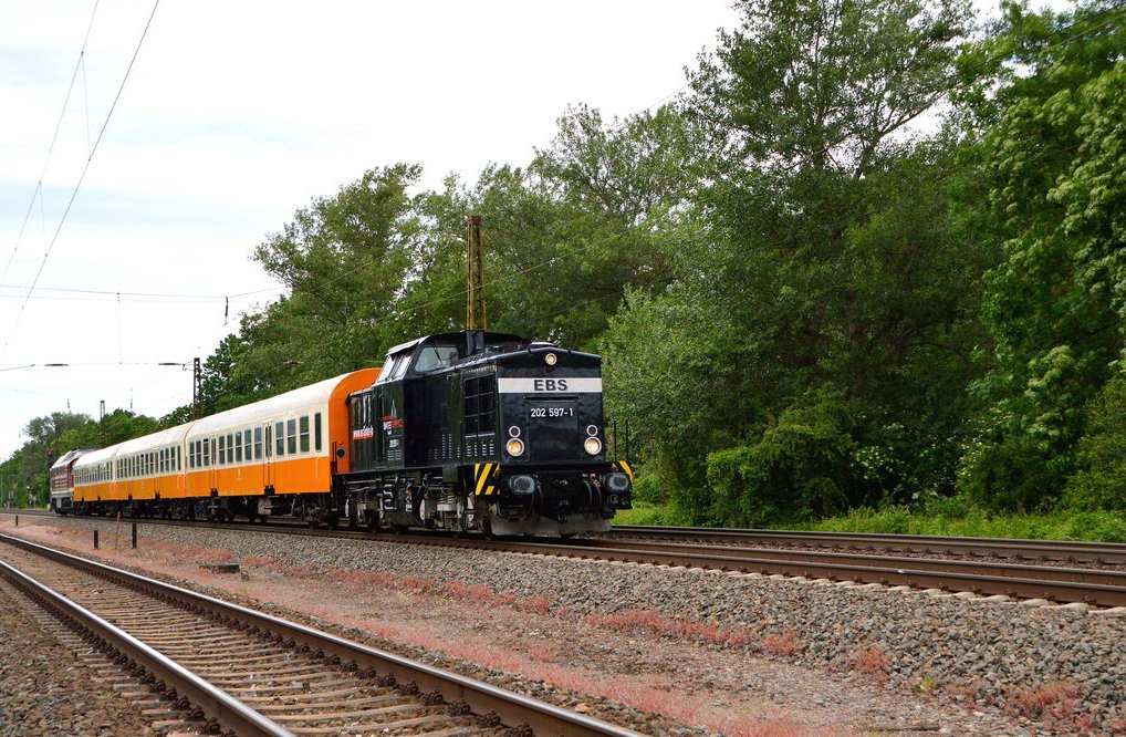 Pendelverkehr zur Saale-Weinmeile 2019:
Der Pfefferminzbahnverein und der Erfurter Bahnservice organisierten am 08.06.2019 einen Pendelverkehr zwischen Sömmerda unnd Naumburg Hbf. Dafür ein großes Dankeschön an die Organisatoren und die Akteure vor und hintern den Kulissen.
Einfahrt in Naumburg Hbf: EBS 202 597 + 132 334 mit dem DPE 74338 aus Sömmerda. 