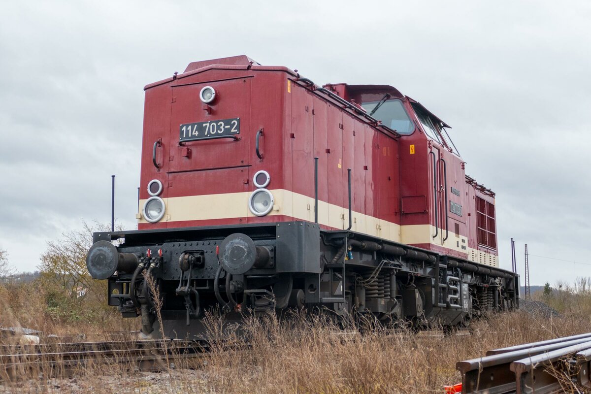 PRESS 114 703-2 pausiert am 20.02.2022 in Naumburg Hbf. (Foto: Orlabahner)