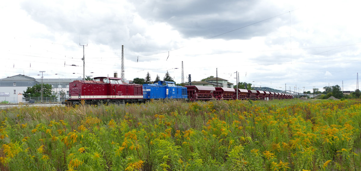 PRESS 204 354 + 204 009 mit einem Schotterwagenzug am 29.08.2020 in Naumburg Hbf. (Foto: Wolfgang Krolop)
