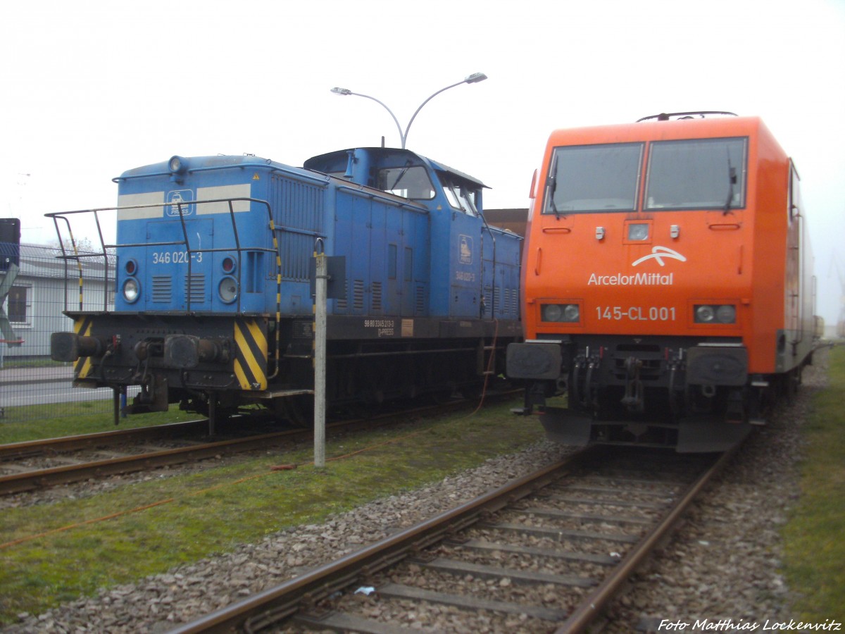 PRESS 346 020 & Arcelor 145 CL-001 abgestellt im Stralsunder Stadthafen (Bei der Getreide AG) am 12.12.13