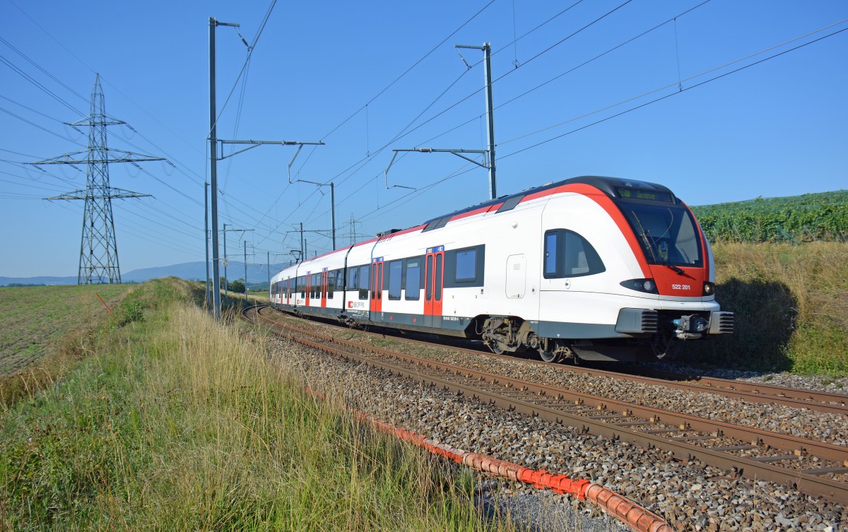 RABe 522 201 als Regionalzug 11237 La Plaine - Genève am 22.08.2015 zwischen Russin und Satigny