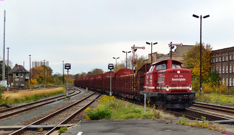 Rennsteigbahn 213 334-6  Marion  mit einem Holzzug Richtung Leipzig, am 20.10.2013 bei der Durchfahrt in Zeitz. (Foto: Thomas Fritzsche)