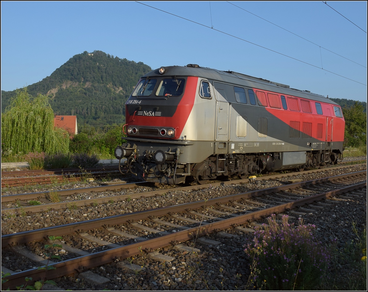 Rheintalumleiter im Hegau.

Für den Autozug nach Lörrach kam die ehemalige GKB-Lok 218 256 
nach Singen geeilt, lange vor ihrem Zug. Im Hintergrund der höchste der Hegauvulkane, der Hohenhewen.

Welschingen, August 2021.