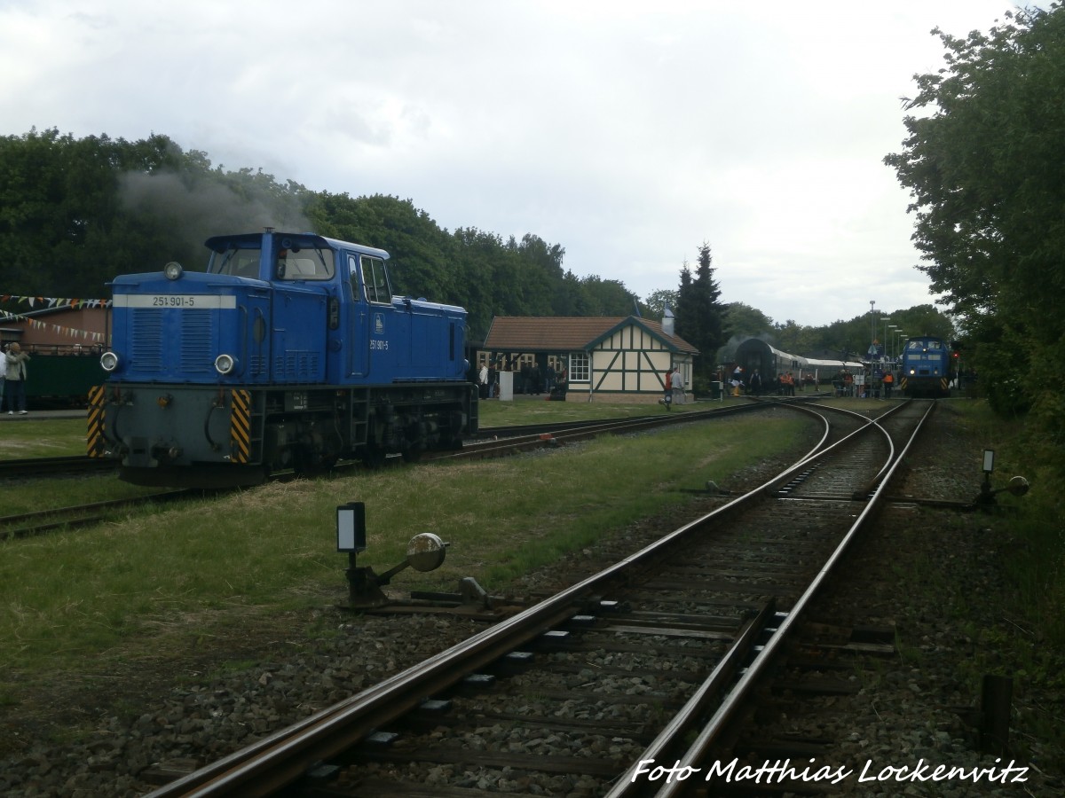 RBB 251 01 und weit im Hintergrund die PRESS 346 001 im Bahnhof Putbus am 30.5.15