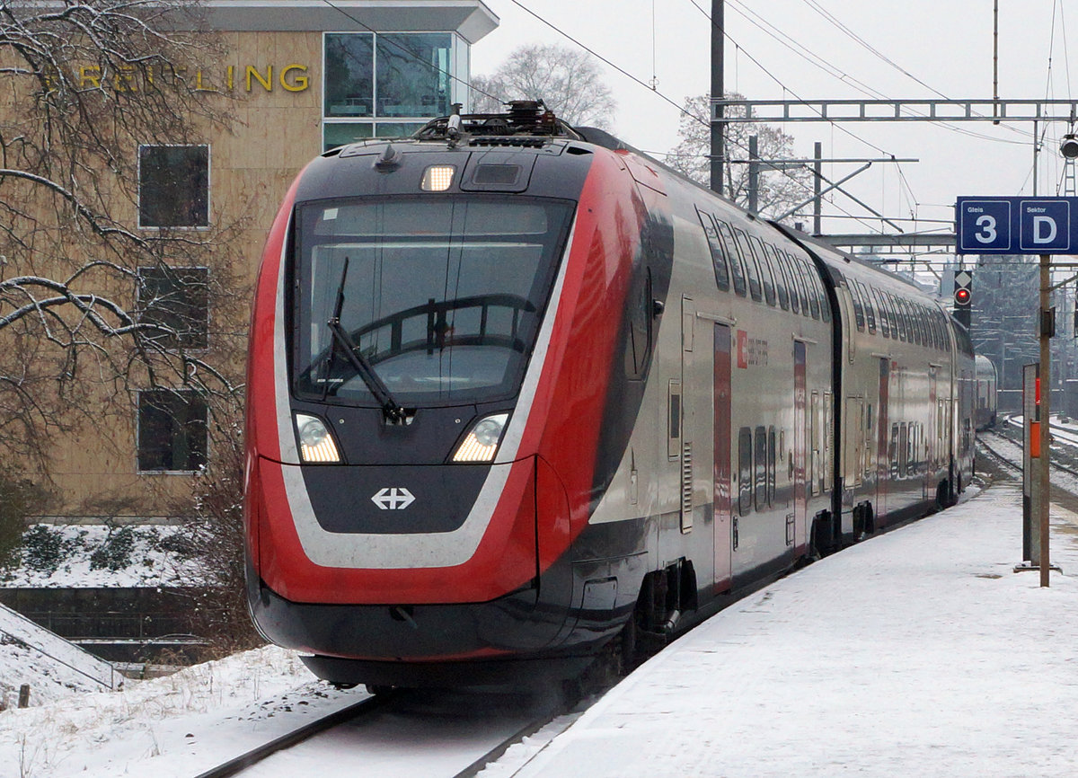 SBB: Bombardier  Twindexxdoppeltraktion  auf Testfahrt in Grenchen am 24. Januar 2017.
Foto: Walter Ruetsch