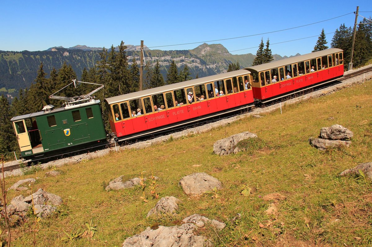 Schynige Platte Bahn: Lok 61 mit den Wagen 43 und 44 oberhalb Breitlauenen, 23.August 2016. 