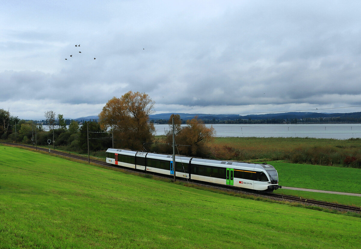 Seelinie Rorschach - Arbon - Romanshorn - Kreuzlingen - Stein am Rhein - Schaffhausen: Thurbo GTW 2/8 778 fährt bei Triboltingen Richtung Ermatingen. 6.Oktober 2021. -  Die Thurbo GTW der 2.Generation bestehen aus GTW 2/6 701-708 und 719-751 (706 früher 720 / 720 früher 706); und GTW 2/8 752-805 (781-790 früher GTW 2/6 709-718), sowie 260-265 und 280-286 ex-SBB ex-Regionalverkehr Mittelland RM. 