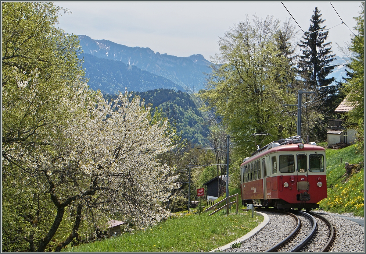 Steil bergab geht es fr den BDeh 2/4 73 der heute fr den Schlerzug Lally - Blonay eingeteilt ist.
11. Mai 2015 