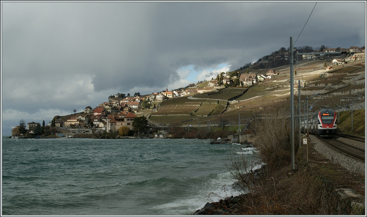 Sturm am Genfersse, als ein RABe 511 bei Rivaz Richutung Genf unterwegs sit.
5. Feb. 2013