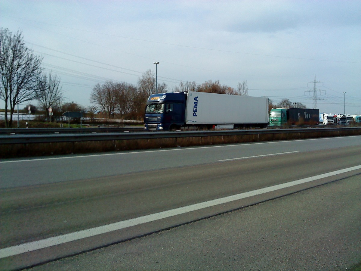 SZM DAF XF der Spedition Dachser mit Mietkhlkoffer-Auflieger der Firma PEMA gesehen auf der A 61 Hhe Rasthof Dannstadt am 18.02.2014