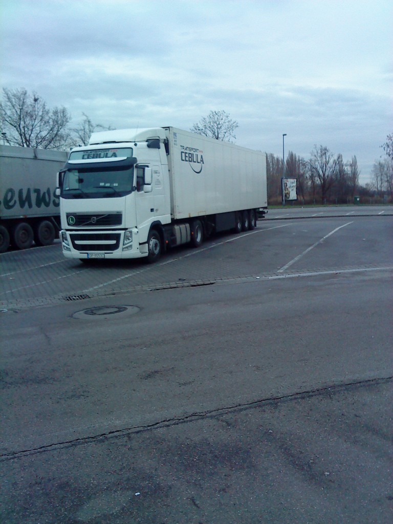 SZM Volvo FH mit Khlkofferauflieger der Spedition Cebula gesehen auf dem Parkplatz der Raststtte Dannstadt an der A 61 am 16.01.2014