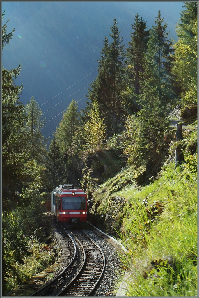 TMR (M-C) BDeh 4/8 21 (SNCF Z800 UIC N 90 85 838 0821-1 CH-TMRSA) fhrt im Gegenlicht auf dem Stromschienenabschnitt zwischen Finhaut und Le Trtien talwrts.
3. Okt. 2014