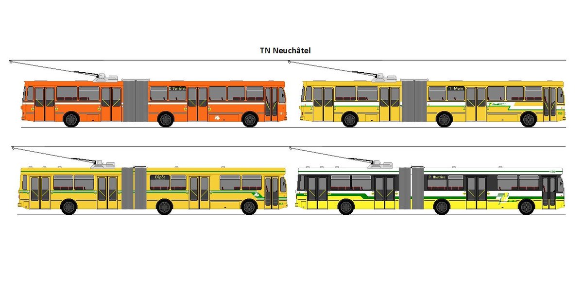 TN Neuchtel - Nr. 151 (ex Nr. 51) + Nr. 155 (ex Nr. 55) + Nr. 165 + Nr. 170 - FBW/Hess 91 GTS Gelenktrolleybusse