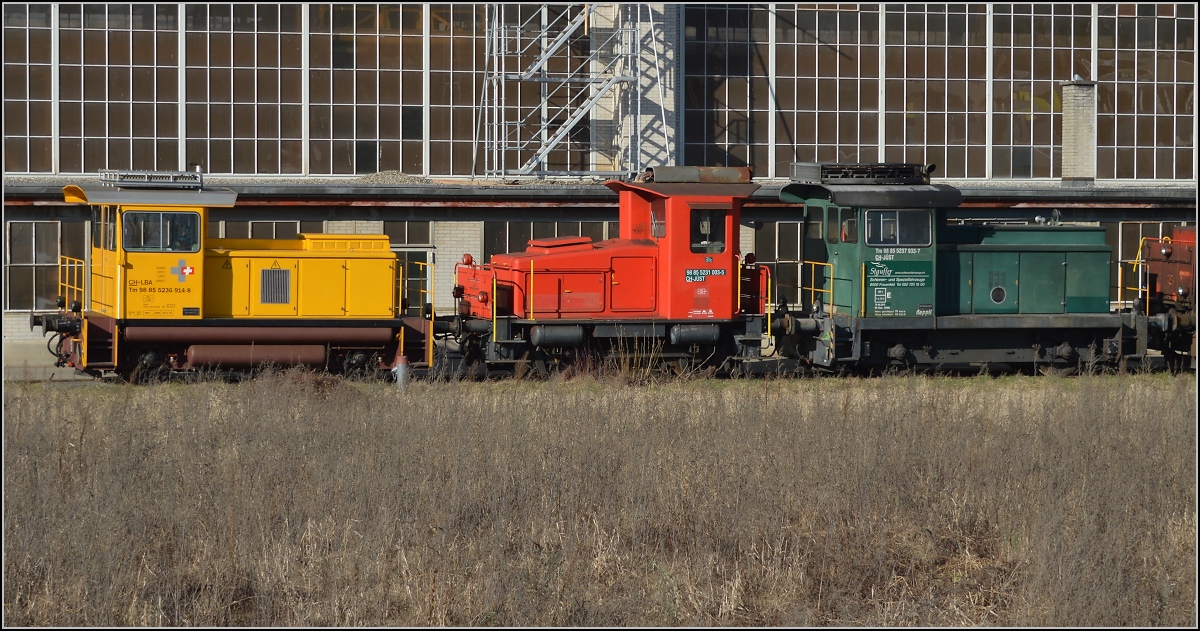 Traktorensammlung bei der Firma Stauffer in Frauenfeld. Februar 2014. Tm 236 914-8, Tm 231 003-5 und Tm 237 933-7 geben zur Straße hin ein buntes Bild ab. 