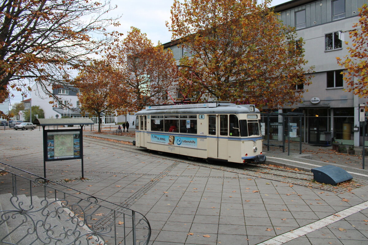 Tw 37 der Naumburger Straßenbahn als Linie 4 zum Salztor, am 12.11.2023 am Hauptbahnhof Naumburg (Saale).