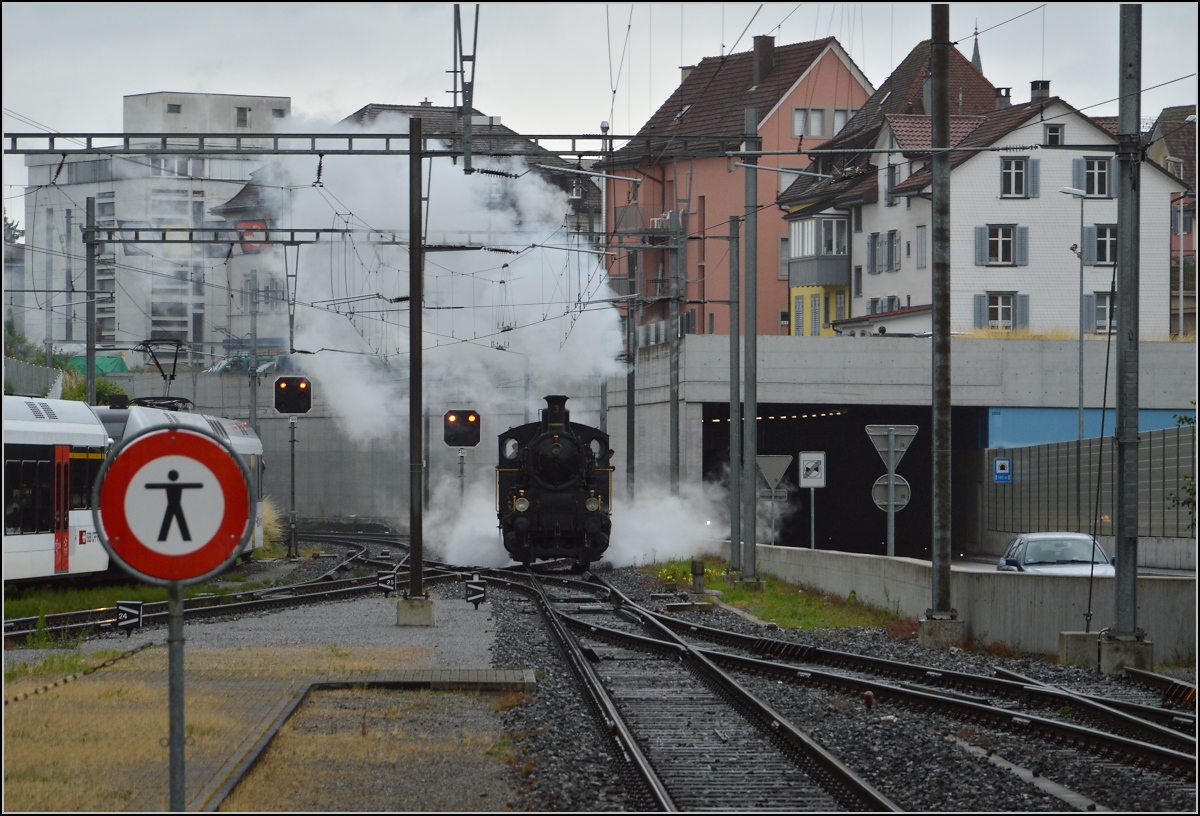 Uferdampffahrten mit der MThB 3. 

Ec 3/5 der historischen Mittelthurgaubahn rangiert in Kreuzlingen und nebelt gleich den Strassentunnel ein. Juni 2014.
