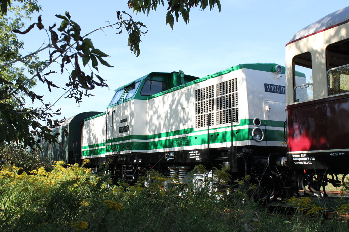 V100 003 vom F�derverein Berlin-Anhaltinische Eisenbahn e.V. mit dem DPE 19943 nach Sta�furt, am 09.09.2023 in der Abstellung in Karsdorf Bbf. Da die Unstrutbahn derzeit zwischen Karsdorf und Wangen (Unstrut) gesperrt ist, fand die Abstellung auf dem Streckengleis statt.