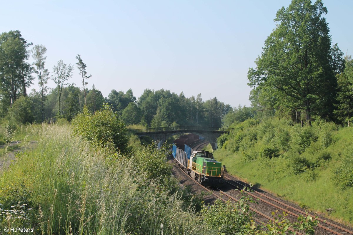 V1700.02 zieht den leeren Holzzug aus Wiesau nach Cheb bei Schönfeld. 29.05.18