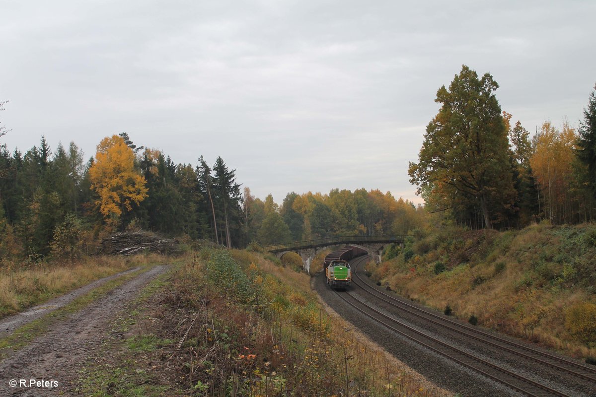 V1700.03 alias 277 004 zieht bei Wiesau den leeren Holzzug nach Cheb. 24.10.16