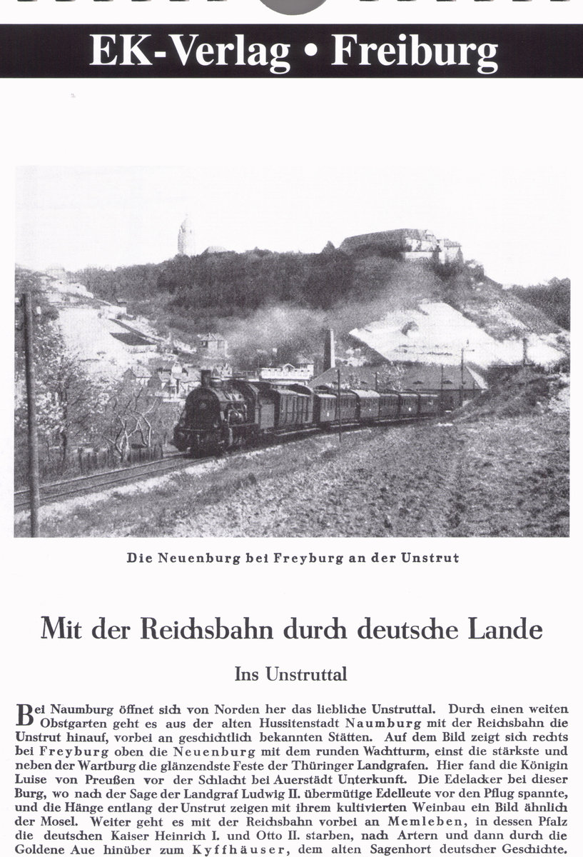 Vermutlich in den 1930er Jahren entstand dieses Bild einer BR 55, die in Freyburg mit einem Personenzug in Richtung Nebra unterwegs war. Besonders interessant ist, dass der Personenzug aus verschiedenen Wagentypen bestand. Von hinten: 3 Abteilwagen, 1 moderne  Donnerbüchse , 1 Abteilwagen, 1 Personenwagen Preußen 05 (später Standardwagen auf der Unstrutbahn, teilweise noch bis 1970), 1 Packwagen und ein 1 Bahnpostwagen direkt hinter der Lok. Denn die Post wurde damals noch mit der Bahn in die Orte ausgeliefert. Die Post wurde in Laucha per handgezogenem oder geschobenen 2-räderigen geschlossenem Postkarren über eine extra Gleisüberführung hinter den Tunneleingängen durch die Postangestellten vom Bahnsteig abgeholt und zum Postamt gebracht, wenn der Zug mit beigestelltem Postwagen kam. (Bild: Eisenbahn-Kurier Verlag, Text: Günther Göbel)