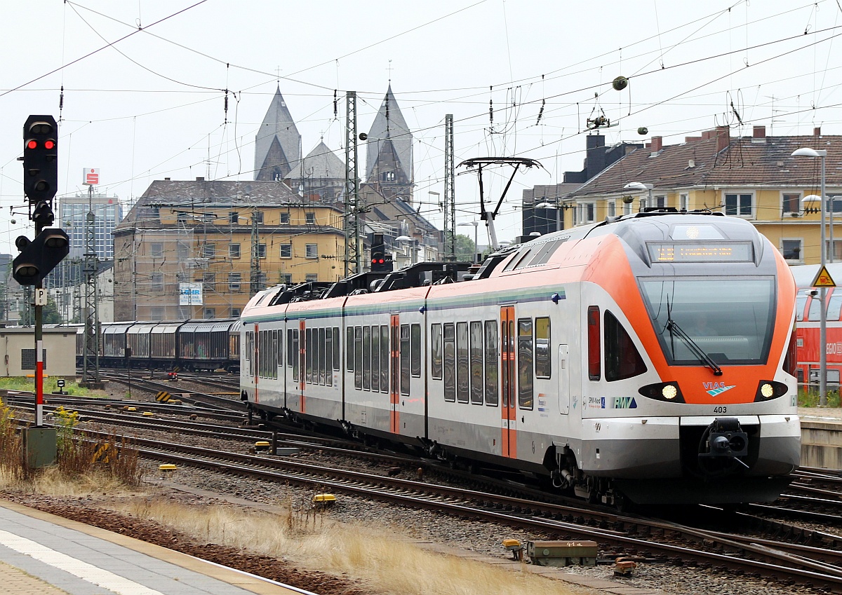 VIAS 403(Stadler Flirt, 0428 137-4/0828 337-6/0828 237-8/0428 637-3)als RB nach Frankfurt Hbf hier bei der Einfahrt in den Koblenzer Hauptbahnhof festgehalten. 12.09.2013