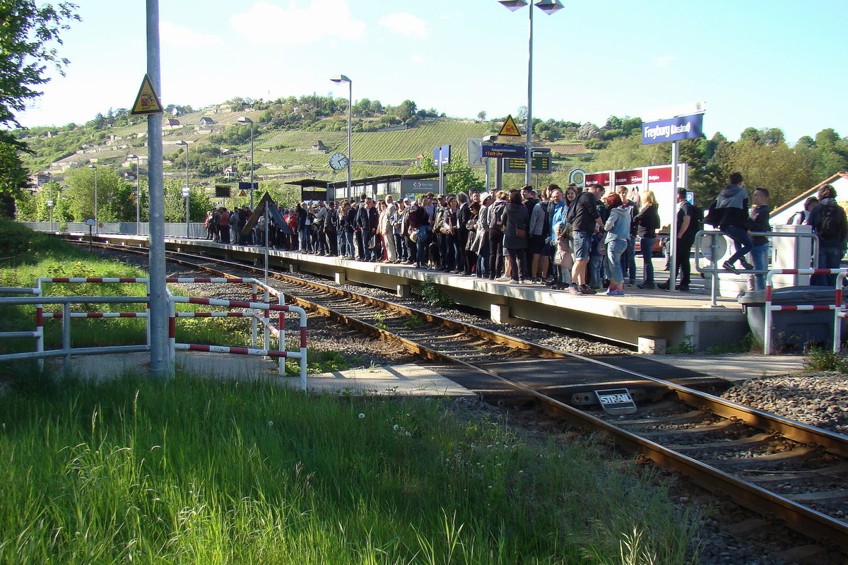 Voller Bahnsteig zum Freyburger Weinfrühling am 01.05.2018 am Haltepunkt in Freyburg. (Foto: Günther Göbel)