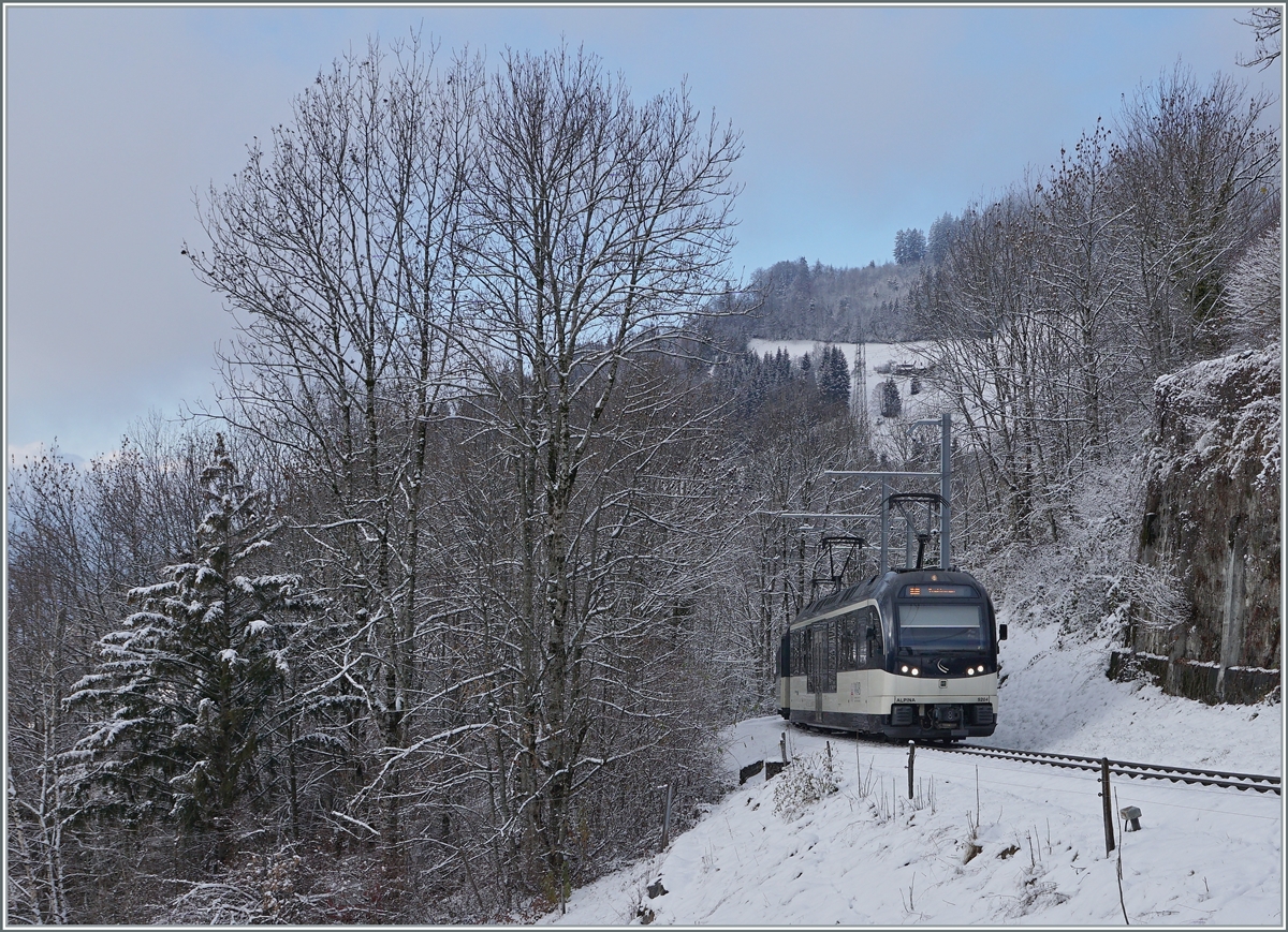 Von Alpina Triebwagen (Serie 9000) geführt erreicht ein MOB Regionalzug von Montreux kommend in Kürze Les Avants.

2. Dezember 2020