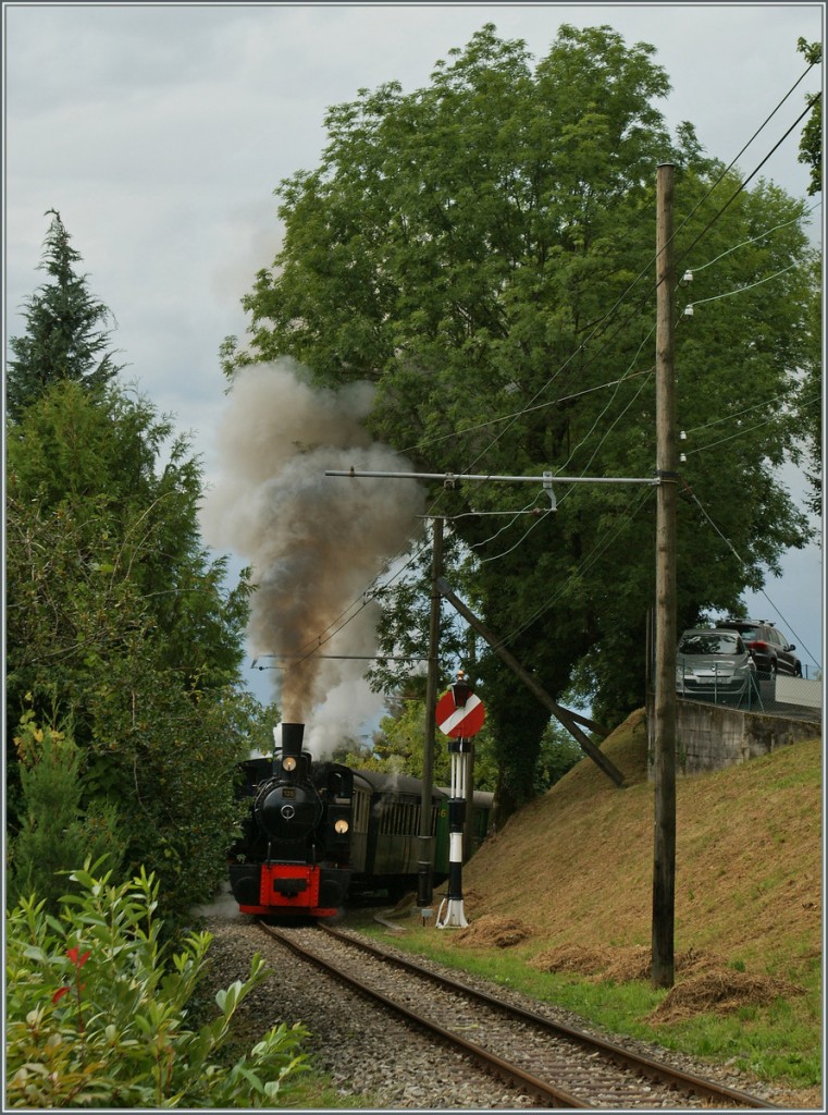 Von der bekannten Stelle heute ein Bild mit der B-C G 2x2/2 bei der Bergfahrt am Einfahrsignal von Blonay (B-C). 
8. Sept. 2013