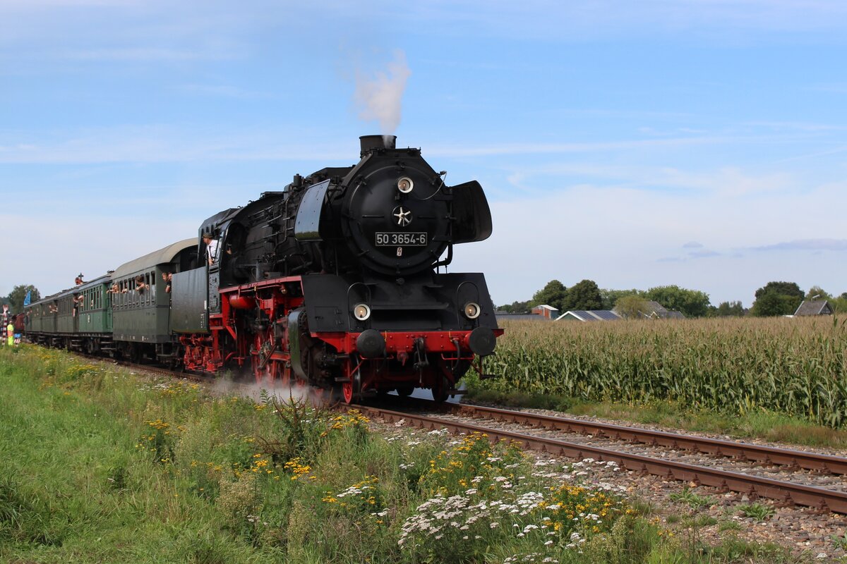 VSM 50 3654 zieht ein Dampfpendelzug durch Lieren am 3 September 2023.