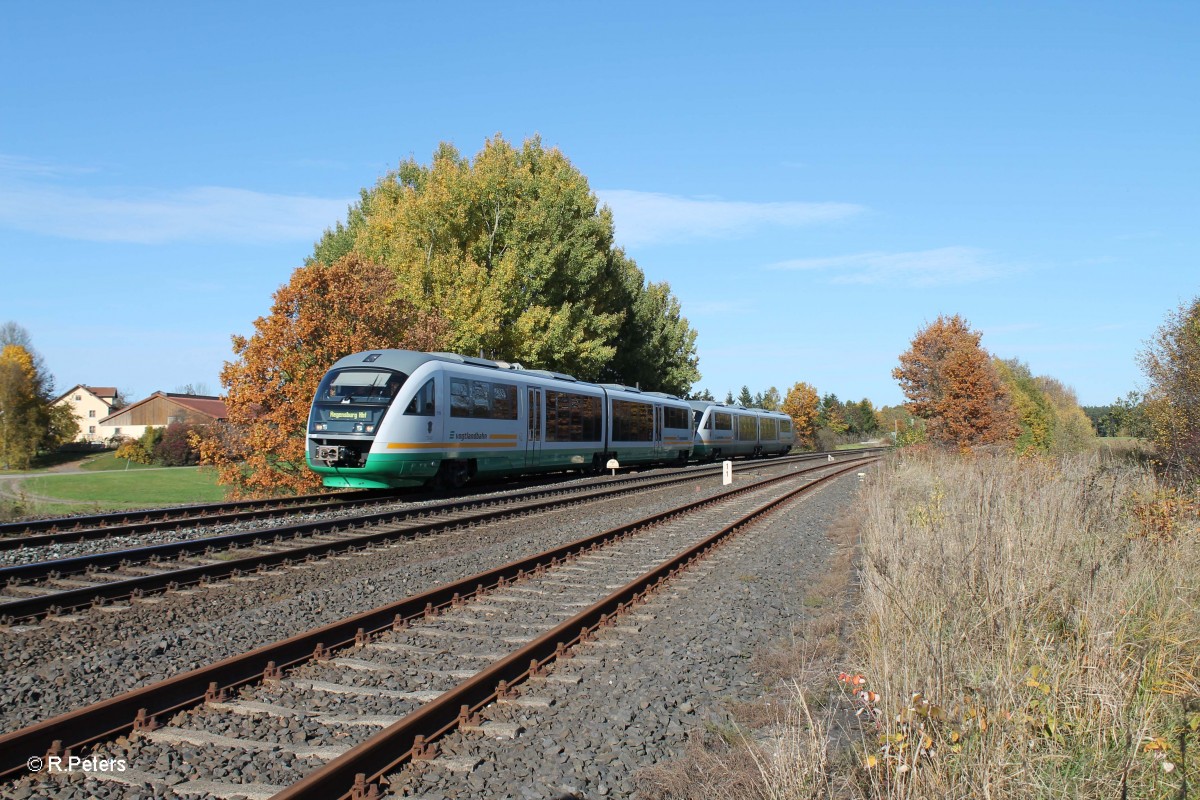 VT15  Landkreis Neustadt a.d. Waldnaab  + VT21  stadt Weiden  als VBG81123 Marktredwitz - Regensburg kurz vor der Einfahrt in Wiesau. 22.10.13