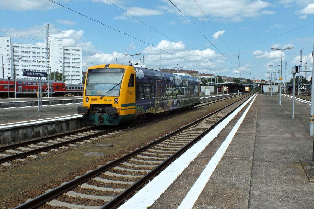 VT650.65 der ODEG, der fr das Wald-Solar-Heim Eberswalde wirbt, wird hier am 4.6. bereitgestellt, um den im Hintergrund sichtbaren VT650.68 auf der Fahrt nach Frankfurt zu verstrken.