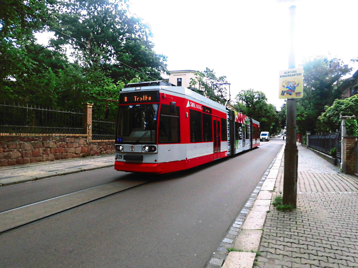 Wagen 629 der HAVAG unterwegs nach Trotha kurz vor der Haltestelle Halle, Diakonissenheim am 3.7.17