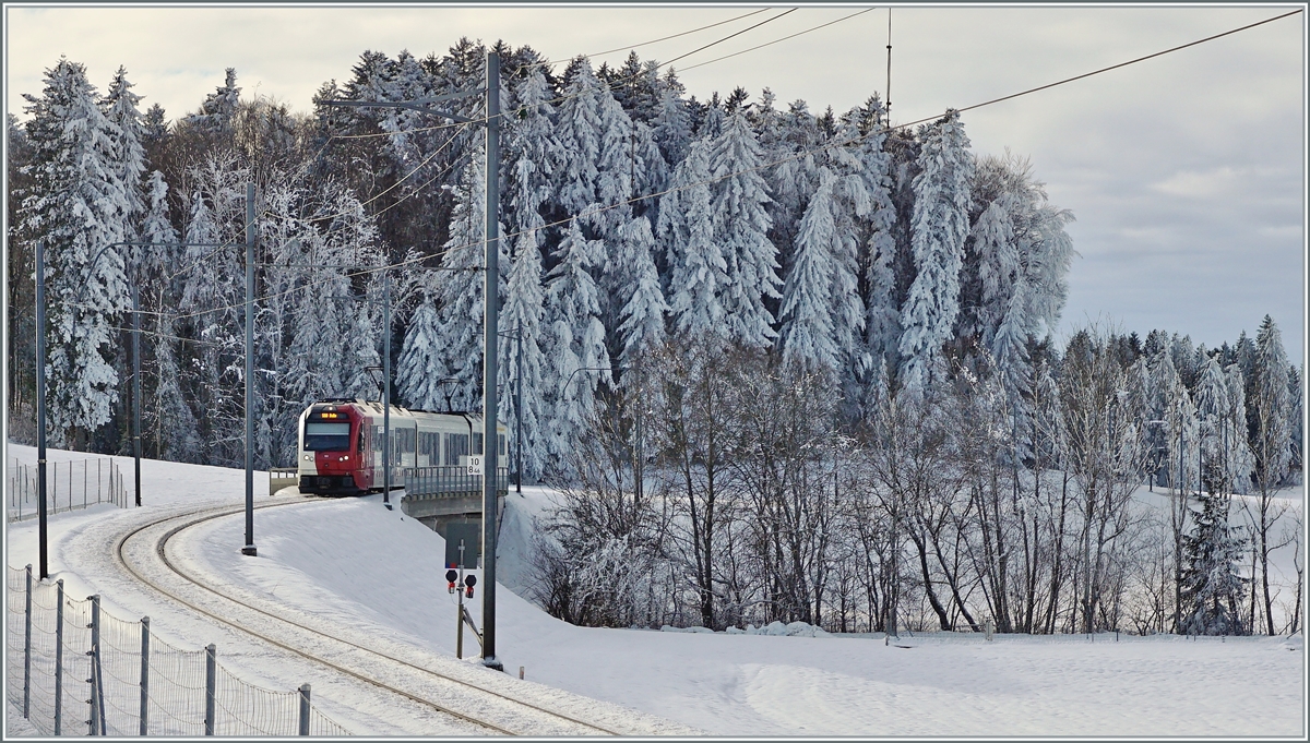  Warmfront  und  warmer Wind  sind auch im Winter relativ frisch, und so konnte sich auf Wind geschützten Seite die Winterstimmung doch noch etwas länger halten. Im Bild der ABe 2/4 - B - Be 2/4 103 auf dem Weg nach Palézieux zwischen Vaulruz Sud und Le Verrerie.

23. Dezember 2021