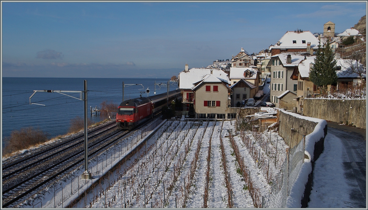 Wengier die Re 460 mit ihrem IR Richtung Brig bei St-Saphorin, als das ausnahmsweise verschneite Lavaux waren der Grund zu diesem Bild vom 29. Dez. 2014