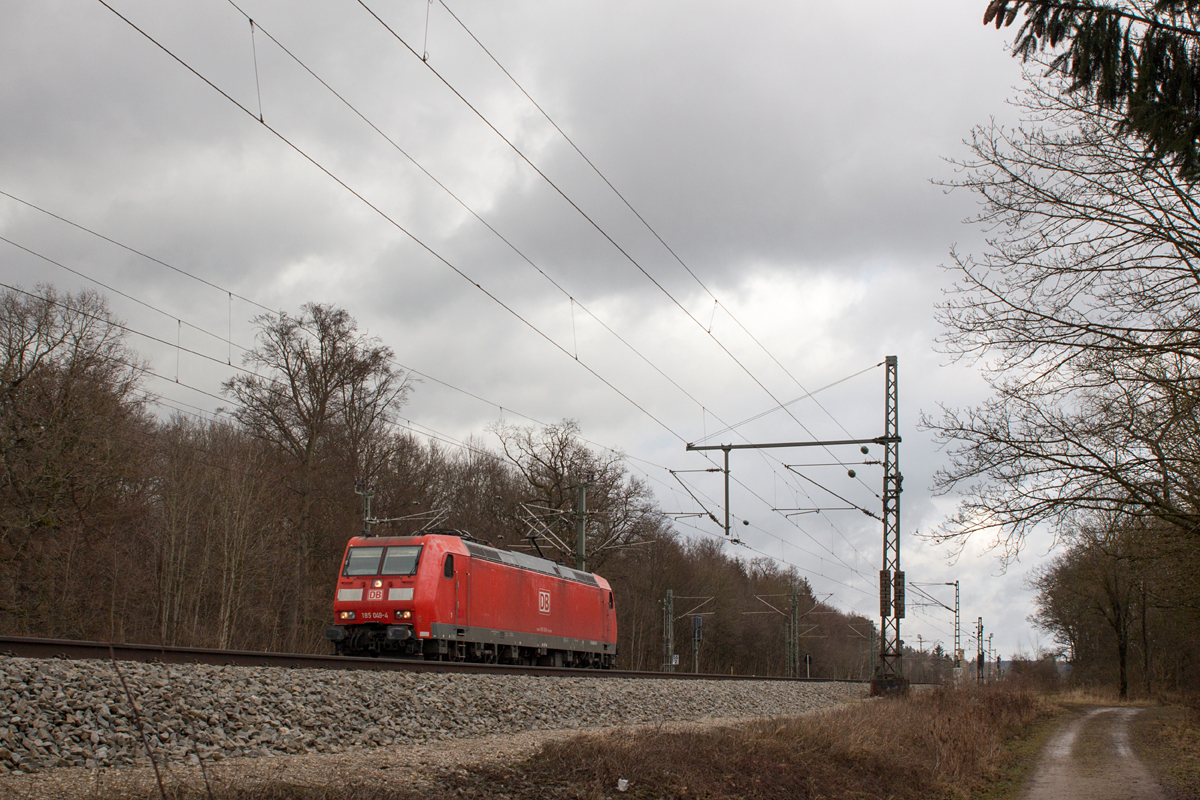 Wenige Minuten vor einem kräftigen Graupelschauer passierte am 24.02.17 die 185 049-4 als Lz nach München die Ortschaft Zorneding.