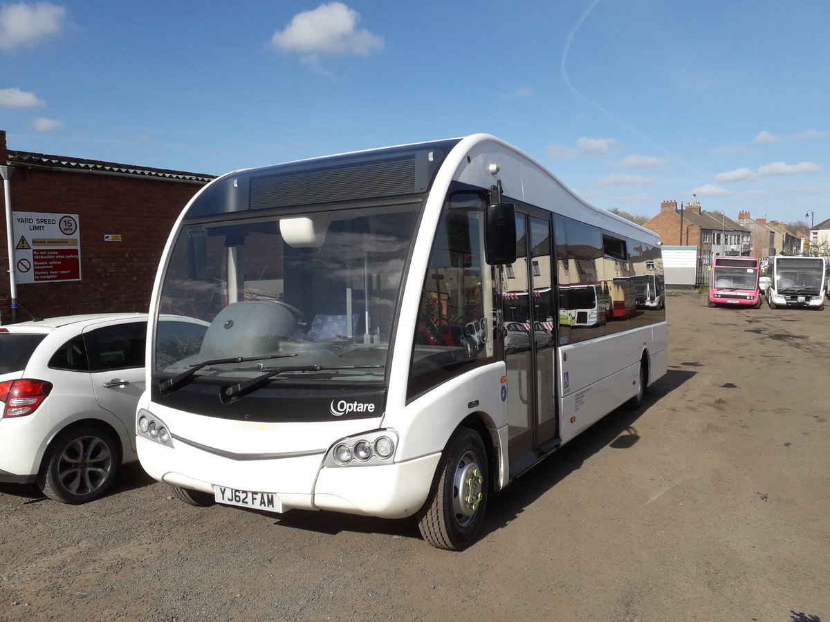 YJ62 FAM is a 2013 Optare Solo SR, fitted with a 31 seat body which was registered to new with Optare, probably acting as a demonstrator.  It became a hire vehicle with Dawson Rentals, Rotherham, UK, from where Scarlet Band Bus & Coach hired it to cover for a vehicle shortage.  Scarlet Band subsequently purchased the vehicle, and it is seen here on Wednesday 21st April 2021 at their depot in West Cornforth, County Durham.