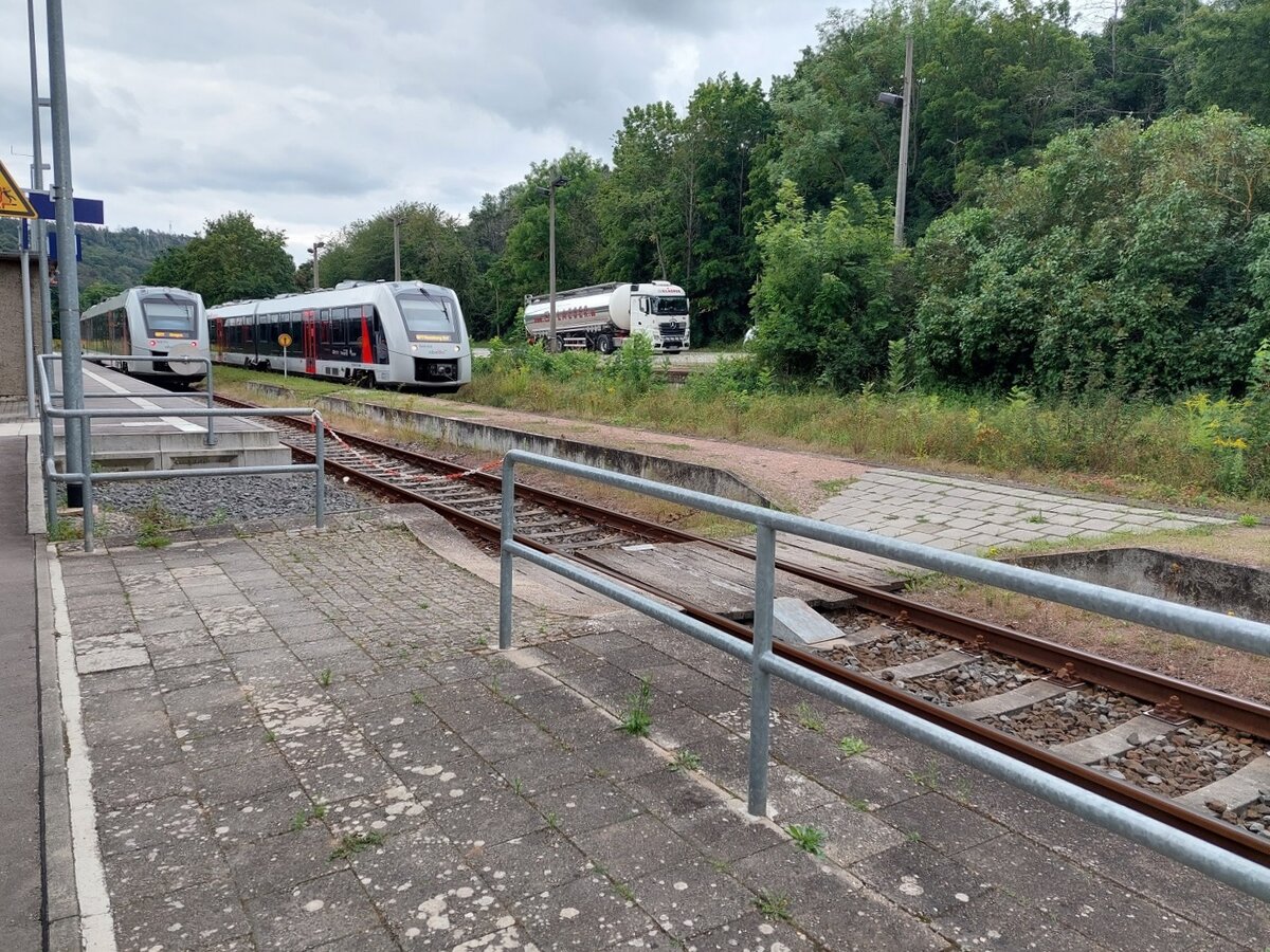 Zugkreuzung mit zwei 1648 von abellio, am 22.08.2021 in Nebra. (Foto: Holger Possnien) 