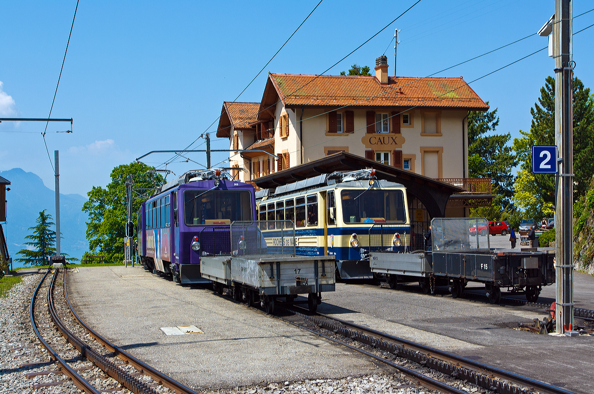 
Zugkreuzung der Transports Montreux-Vevey-Riviera (MVR) ex Chemin de fer Glion–Rochers-de-Naye (GN) am 26.05.2012 im Bahnhof Caux. Links der Triebwagen Bhe 4/8 303  Villeneuve  auf Tahlfahrt und rechts Triebwagen Bhe 4/8 301  Montreux  . 

Die beide Elektrischen Zahnradtriebwage wurde 1983 von der Schweizerische Lokomotiv- und Maschinenfabrik (SLM) gebaut, der elektrische Teil ist von Siemens (Werk Erlangen). Die Stundenleistung beträgt 800 kW (1088 PS), die Spurweite ist 800 mm mit dem Zahnradsystem Abt.