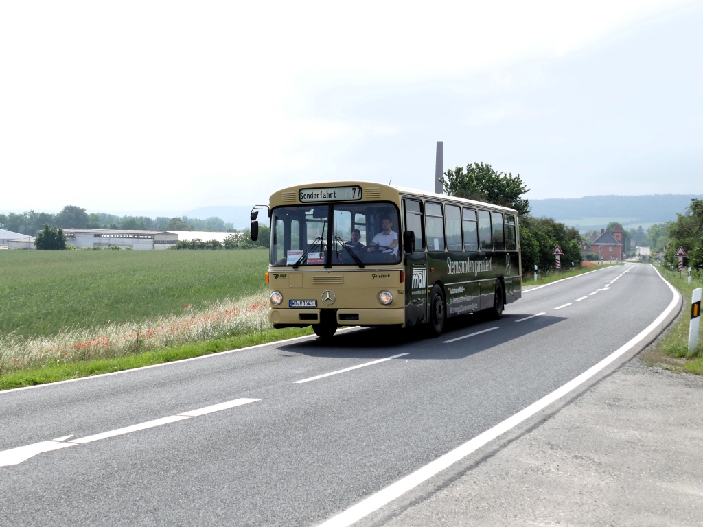 Zum Unstrutbahnfest am 01.06.2024 in Nebra hat die IG Unstrutbahn e.V. zusammen mit Abellio wegen Personalengp�ssen einen nostaligischen Pendelbus zwischen Laucha (Unstrut) und Ro�leben bestellt. Die Leistung wurde vom Omnibusbetrieb Mitteldeutschland mit einem Mercedes Benz O305 �Friedrich� gefahren. Hier zusehen zwischen Laucha und Kirchscheidungen.