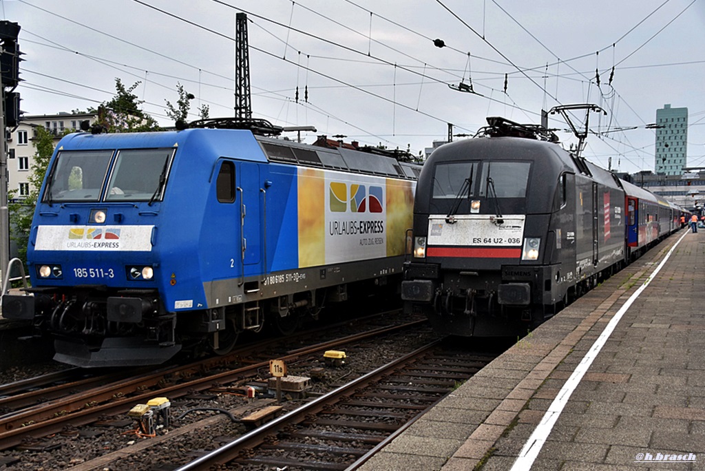 zwei autoreisezge in hh-altona:der mit 185 511 bespannt,fuhr spter nach verona,die 182 036 nach lrrach,23.06.17 